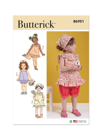 B6951 Butterick 6951 Toddler Dress, Top, shorts, pants, kerchief, Uncut Sewing Pattern, sizes 1/2, 1, 2, 3, 4